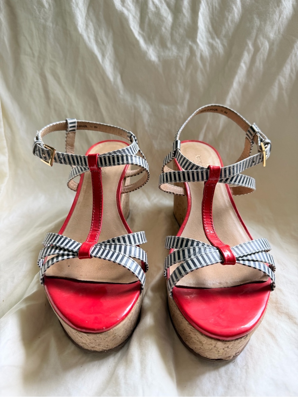 Kate spade striped Bow Cork Wedge Sandals in Red and Navy/White